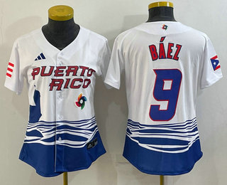 Women%27s Puerto Rico Baseball #9 Javier Baez White 2023 World Baseball Classic Stitched Jerseys